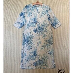 MISS ELAINE Nightgown White/Blue Floral Zip Up Sz Petite Small Pockets Oversized